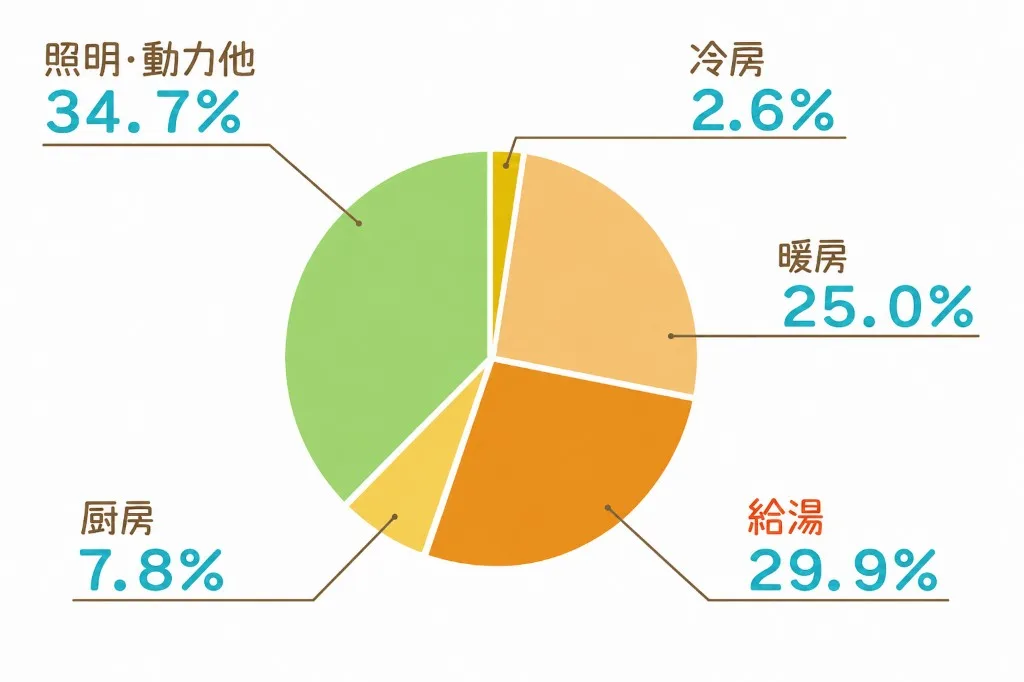 家庭の消費エネルギー内訳:照明・動力他34.7%、給湯29.9%、暖房25.0%、厨房7.8%、冷房2.6%