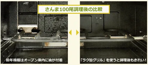 さんま100尾調理後の比較:前年機種はオーブン庫内に油が付着、ラク旨グリルは調理後もきれい
